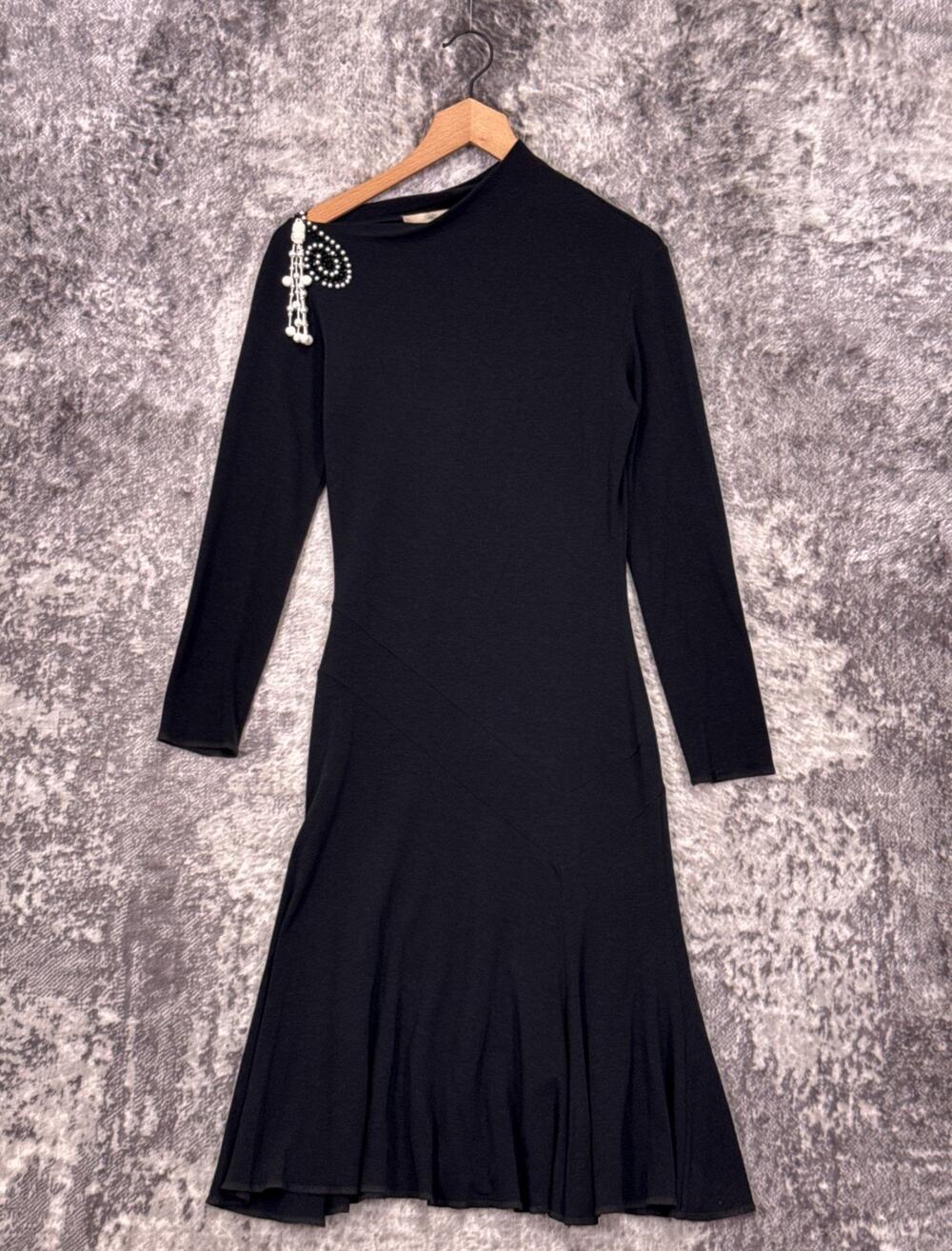 Blumarine Dress 42 / US 6 Womens Black Wool Blend Jersey Pearl Jeweled Cocktail